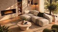 Sunlit living room with a cream sofa, wide view