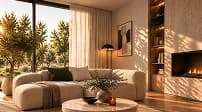 Sunlit living room with a cream sofa, window side