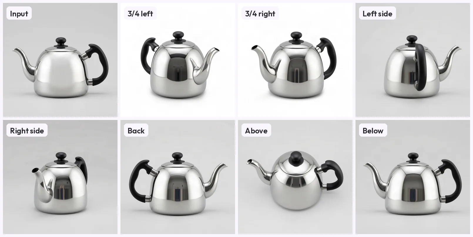 A polished steel kettle with a black handle and lid knob and a long curved spout, shown as the input tile and a grid of labelled generated views from every side on light grey backgrounds