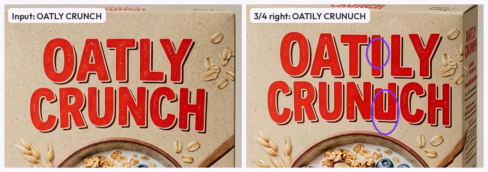 Two close-ups at the same scale of a red cereal box wordmark: the input reads OATLY CRUNCH, and the generated 3/4 right view reads OATILY CRUNUCH with the extra I and the extra U circled in violet
