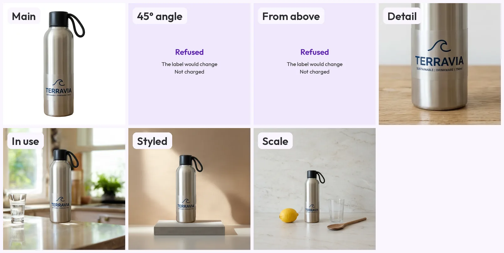 The listing slots in order for a brushed steel bottle with a black cap and loop and a TERRAVIA label: a main image on white, two purple tiles marked Refused for the 45 degree and from-above angles, a close-up detail, an in-use shot at a window, a styled shot on a plinth and a scale shot beside a lemon, a glass and a spoon