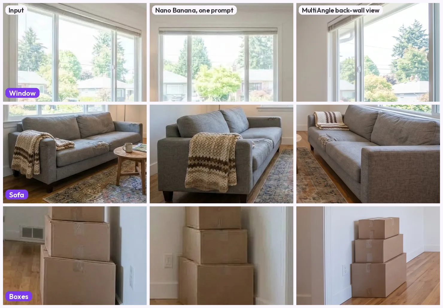 Nine close-ups in three rows and three columns: the window, the grey sofa with a knitted throw and the stack of cardboard boxes, each shown in the input, in the Nano Banana prompted view and in the MultiAngle back-wall view