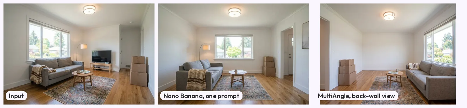 Three living-room images side by side labelled Input, Nano Banana one prompt, and MultiAngle back-wall view: the input shows the window on the left wall; the Nano Banana view puts the window on the far wall with a doorway and a framed picture on the right; the MultiAngle view keeps the window on the right wall, with boxes on the left and a blank far wall