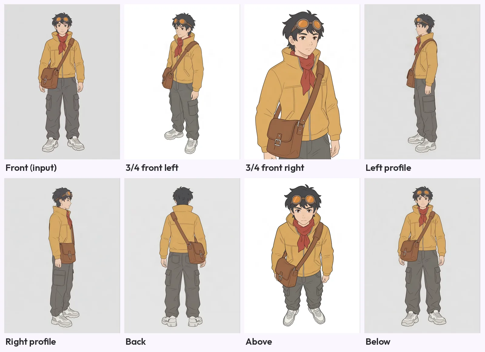 A grid of one illustrated courier with a mustard jacket, red scarf, goggles on his head and a brown satchel, shown front, three-quarters, profiles, back, above and below, with the same outfit in each