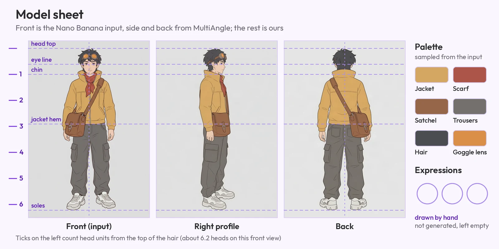A model sheet for the courier: front, right profile and back views with dashed guide rows for head top, eye line, chin, jacket hem and soles, head-unit ticks down the left side, six palette swatches and three empty circles for expressions