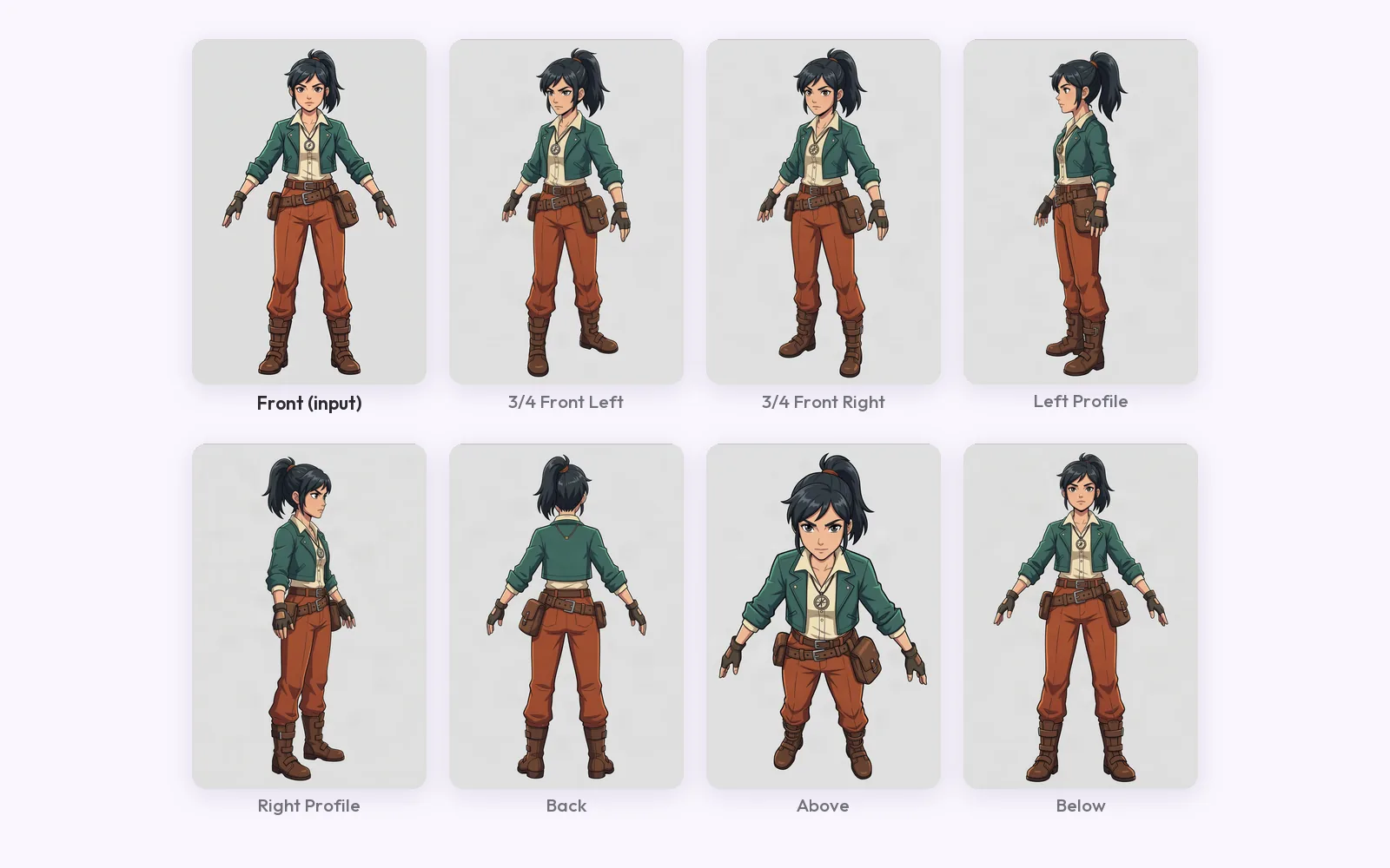 An illustrated explorer with a dark ponytail, green cropped jacket, cream shirt, rust trousers and brown boots, shown front, both three-quarters, both profiles, back, above and below on light grey cards, each labelled with its view name