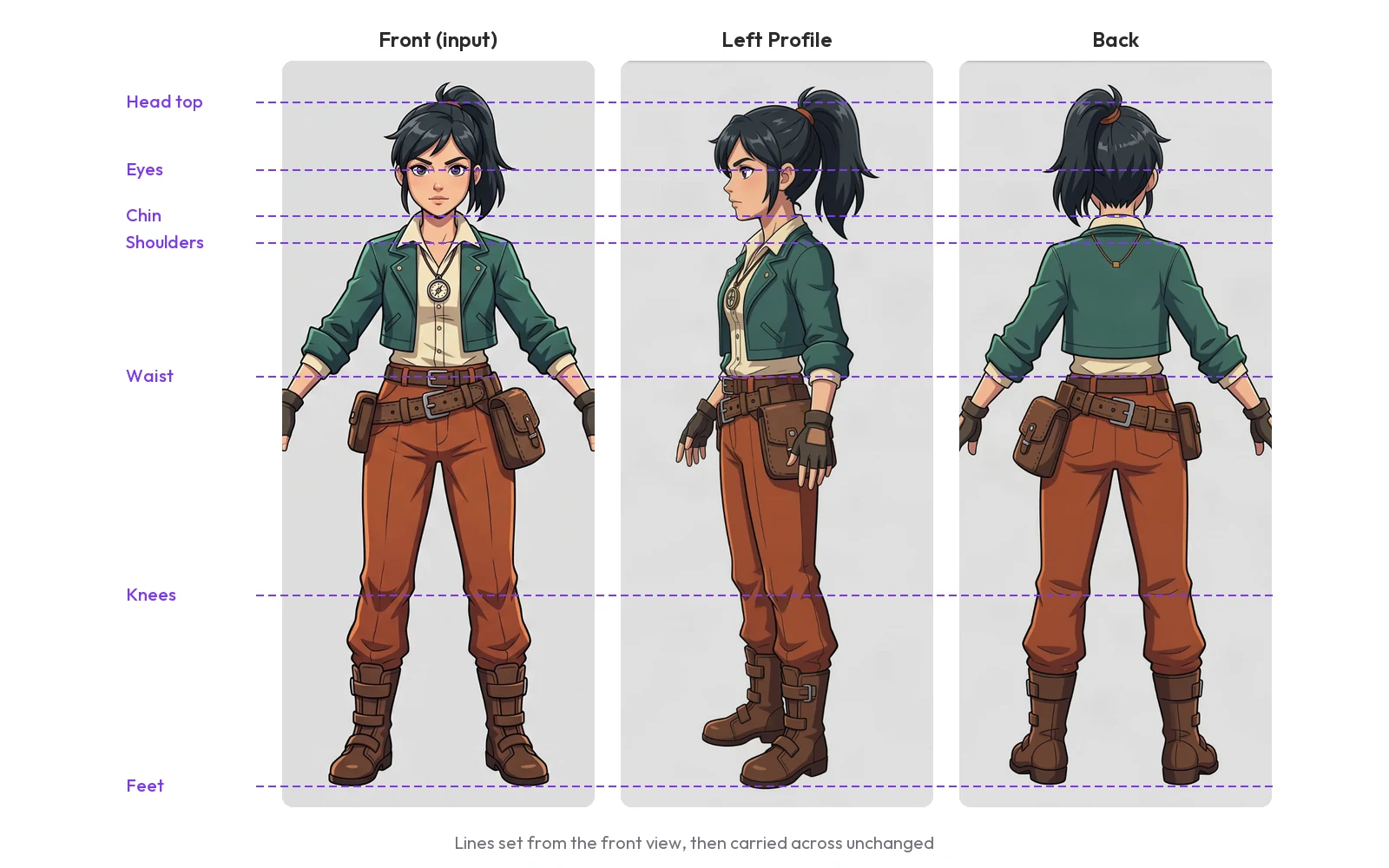 Front, left profile and back views of the generated character with seven dashed guide lines at head top, eyes, chin, shoulders, waist, knees and feet, set from the front view