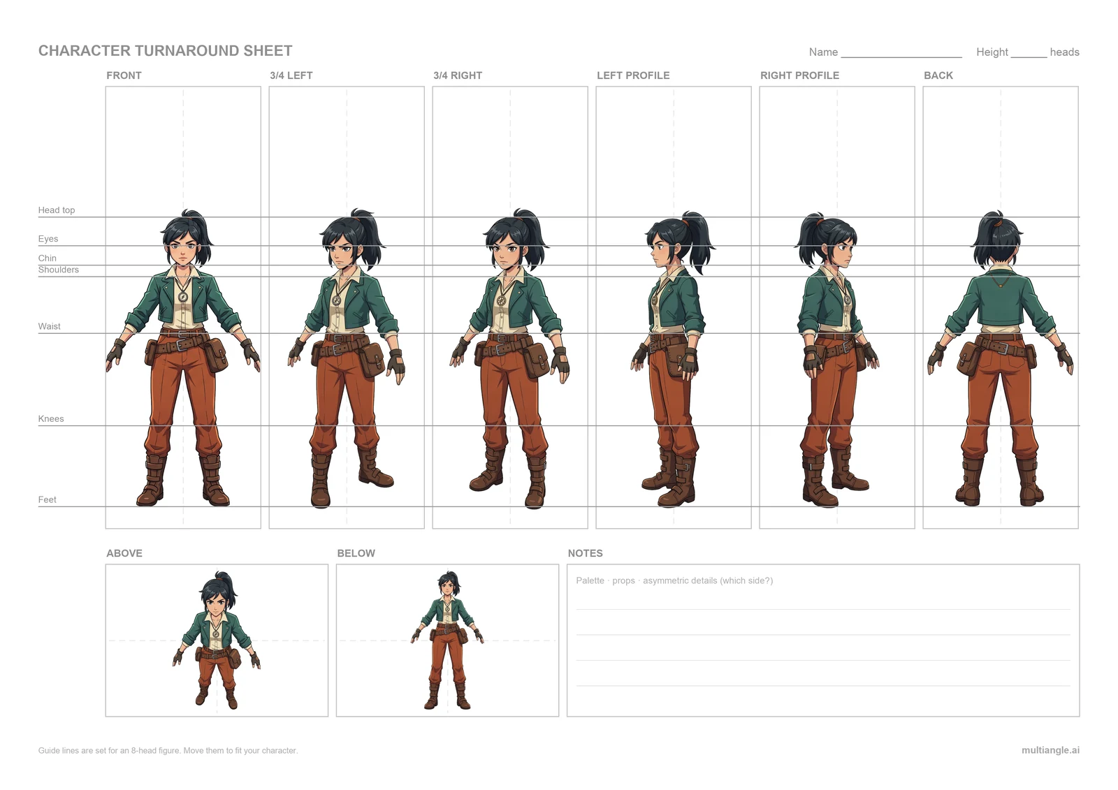 A printed-style turnaround sheet with labelled panels for front, three-quarter left and right, left and right profile and back, crossed by horizontal guide lines for head top, eyes, chin, shoulders, waist, knees and feet, with above and below panels and a blank notes box underneath