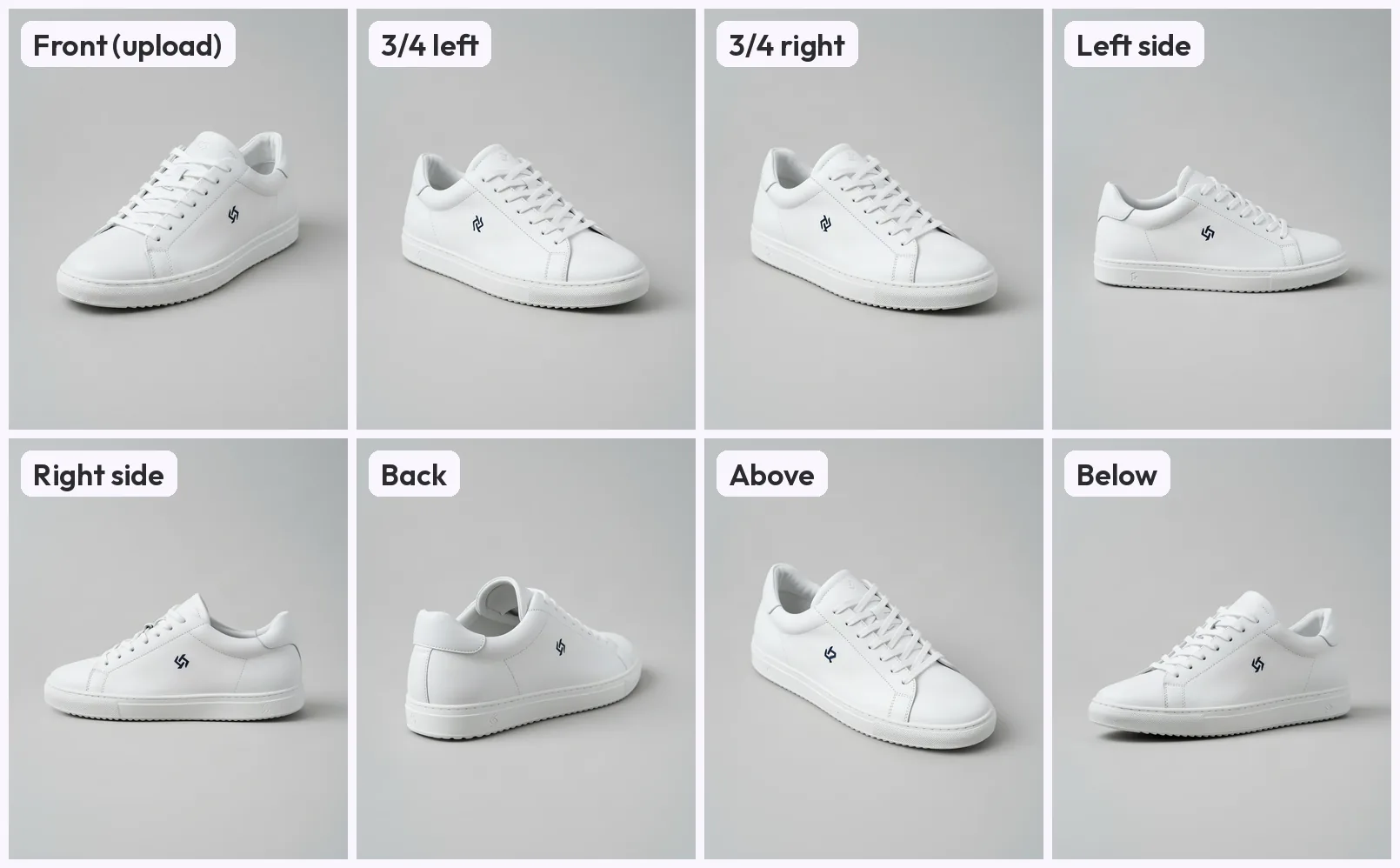 A white leather sneaker with a small dark logo on its side panel, shown on a grey backdrop as the front upload and a grid of labelled generated views including 3/4 left, 3/4 right, left side, right side, back, above and below