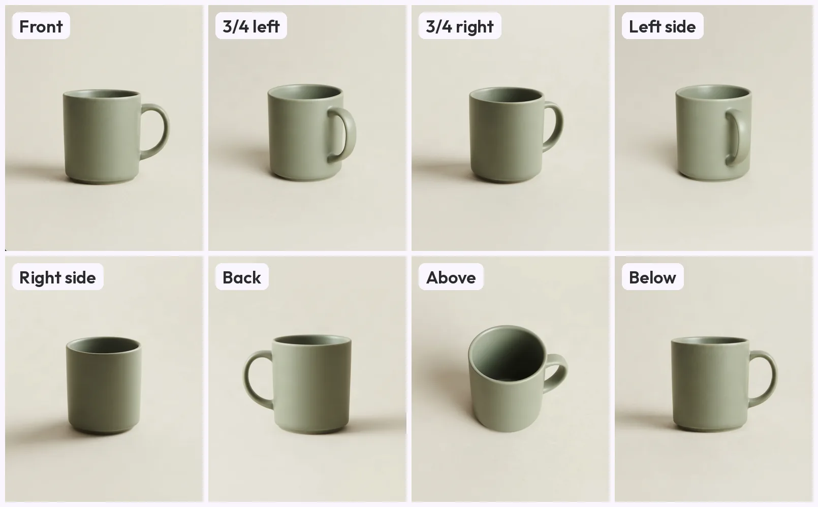 A plain sage-green ceramic mug with a handle, shown in a grid of labelled views on a warm beige backdrop: front, 3/4 left, 3/4 right, left side, right side, back, above and below