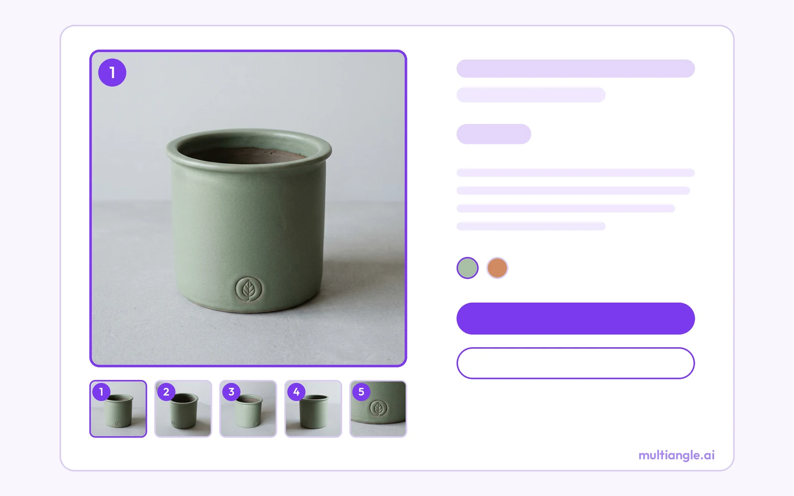 A neutral mock product page: one large featured image of the planter on the left with five numbered thumbnails below it, and grey placeholder bars, two colour swatches and two buttons on the right, with no words except a small multiangle.ai wordmark in the corner