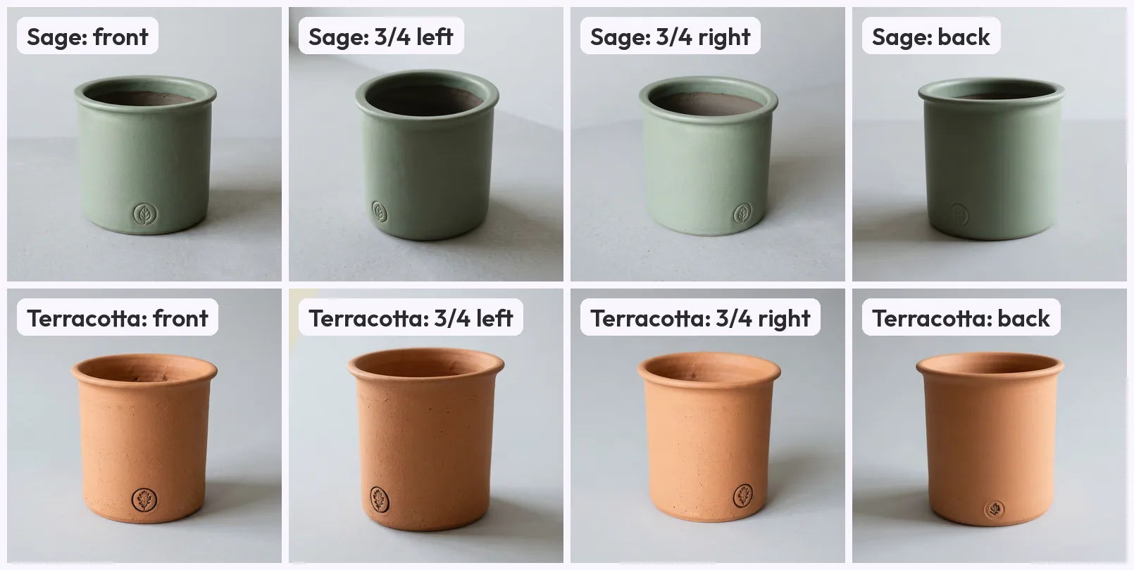 Two rows of labelled planter views: a sage-green planter with a leaf stamp on the top row and a terracotta planter with a dark-ringed oak-leaf stamp on the bottom row, each showing front, 3/4 left, 3/4 right and back
