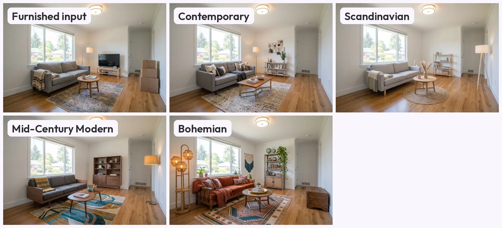 Five tiles of one living room: the furnished input at top left with a grey sofa, TV on a stand, lamp, rug and stacked boxes, then the room digitally staged in Contemporary, Scandinavian, Mid-Century Modern and Bohemian styles, with the TV, boxes and old rug gone