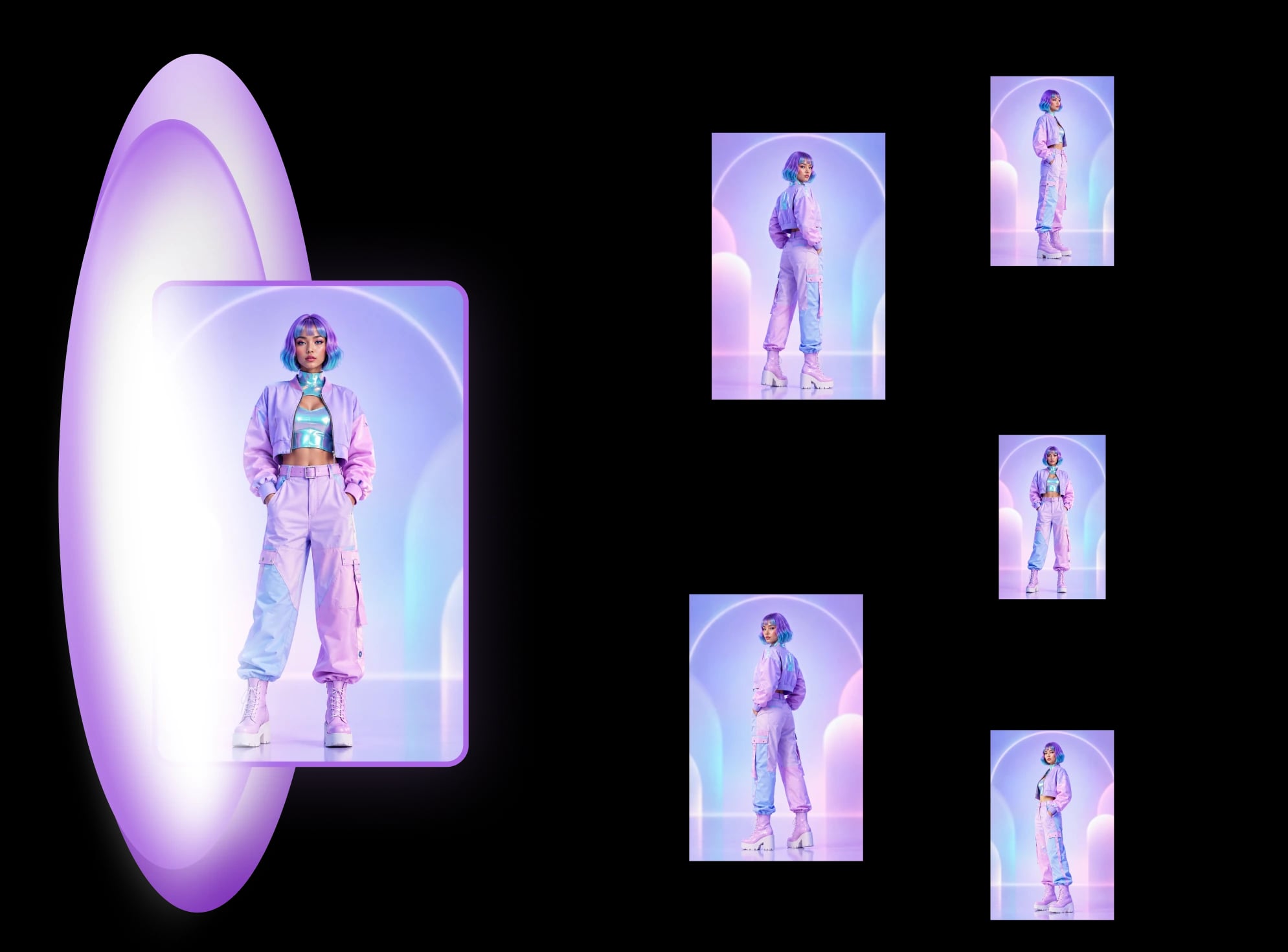 Diagram: one full-length photo of a model in pastel streetwear branching into five views from other angles