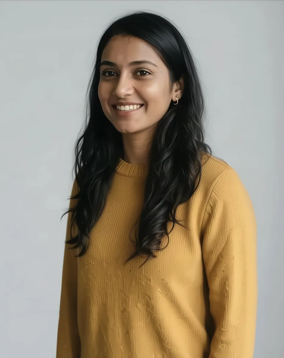 Generated three-quarter view of a woman in a mustard sweater from a Character turnaround set.