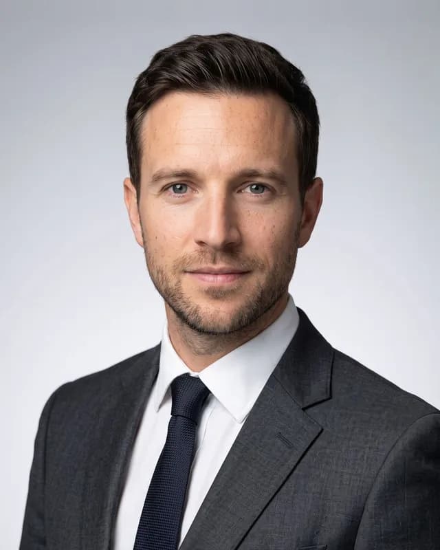Example headshot on a light-grey studio backdrop, shoulders turned