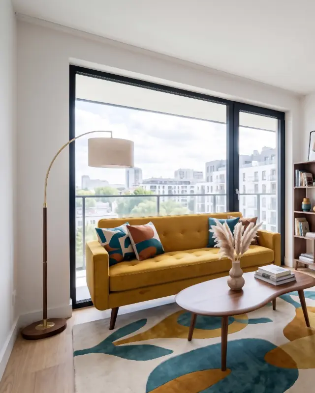 Example: the living room staged in the Mid-Century Modern style