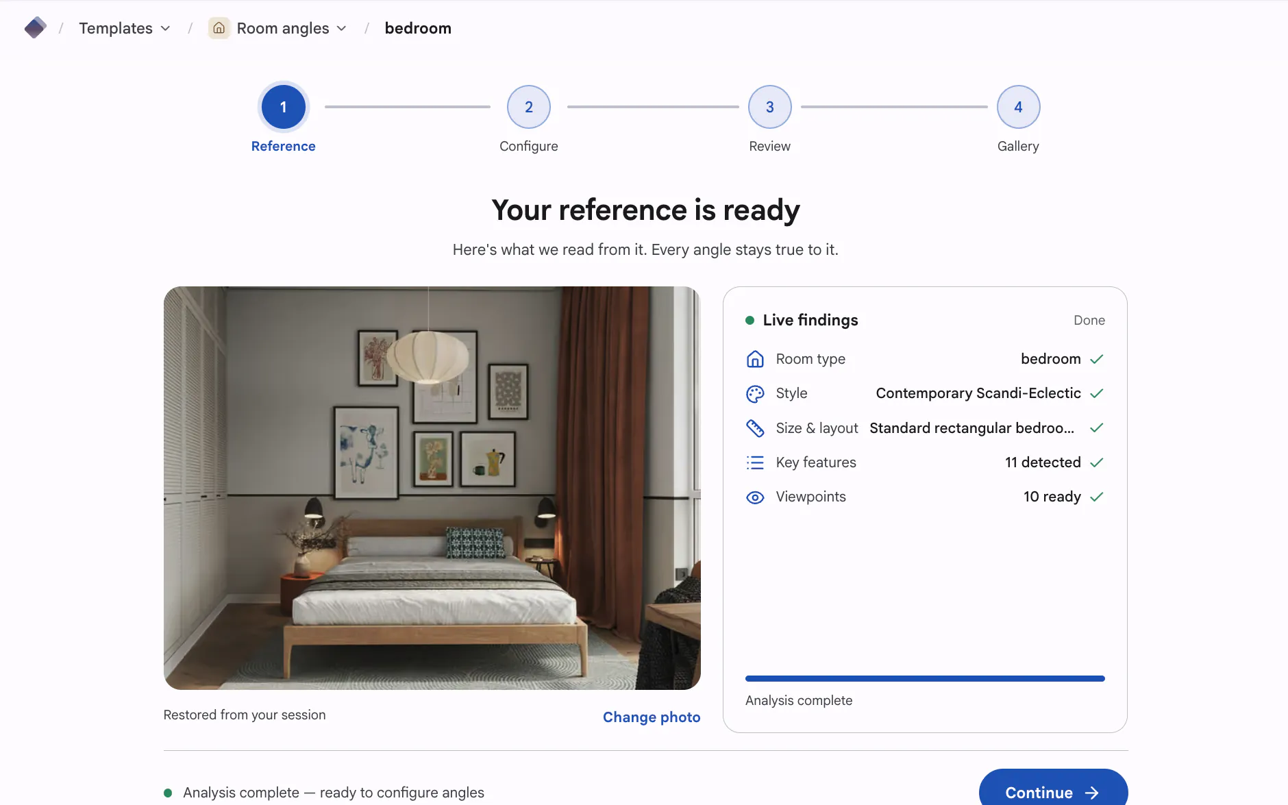 Reference step — a bedroom photo read by the app: room type, style, layout and viewpoints