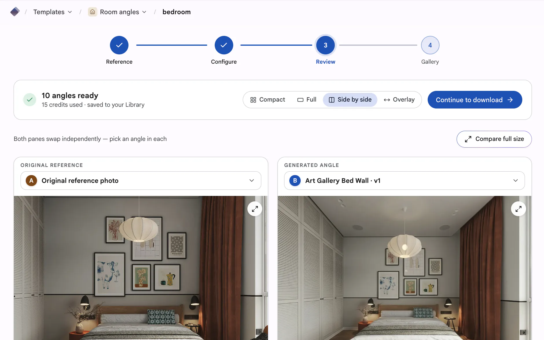 Review step, side by side — the original bedroom photo beside a generated angle of the same room