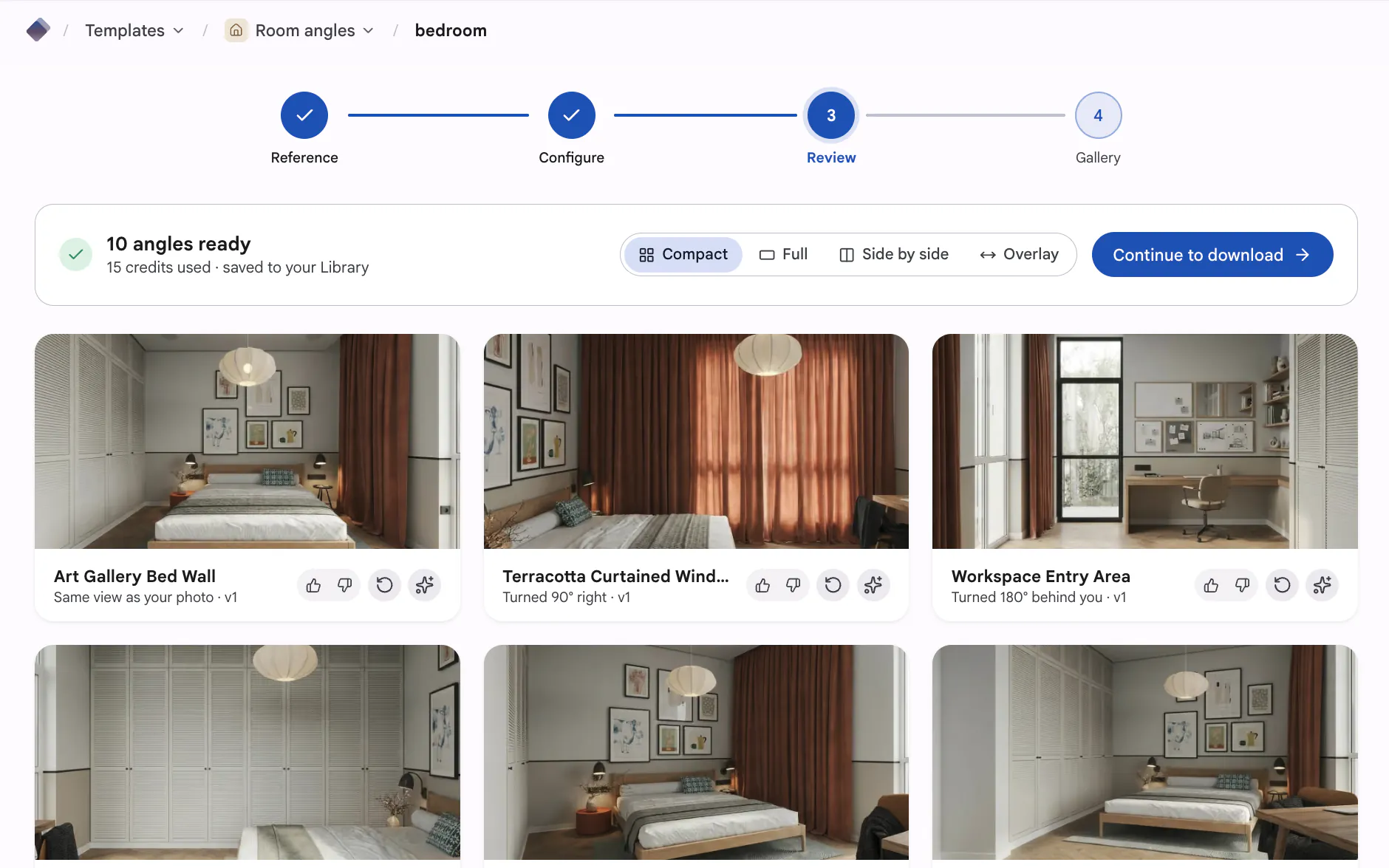 Review step — ten angles of the same bedroom, all ready