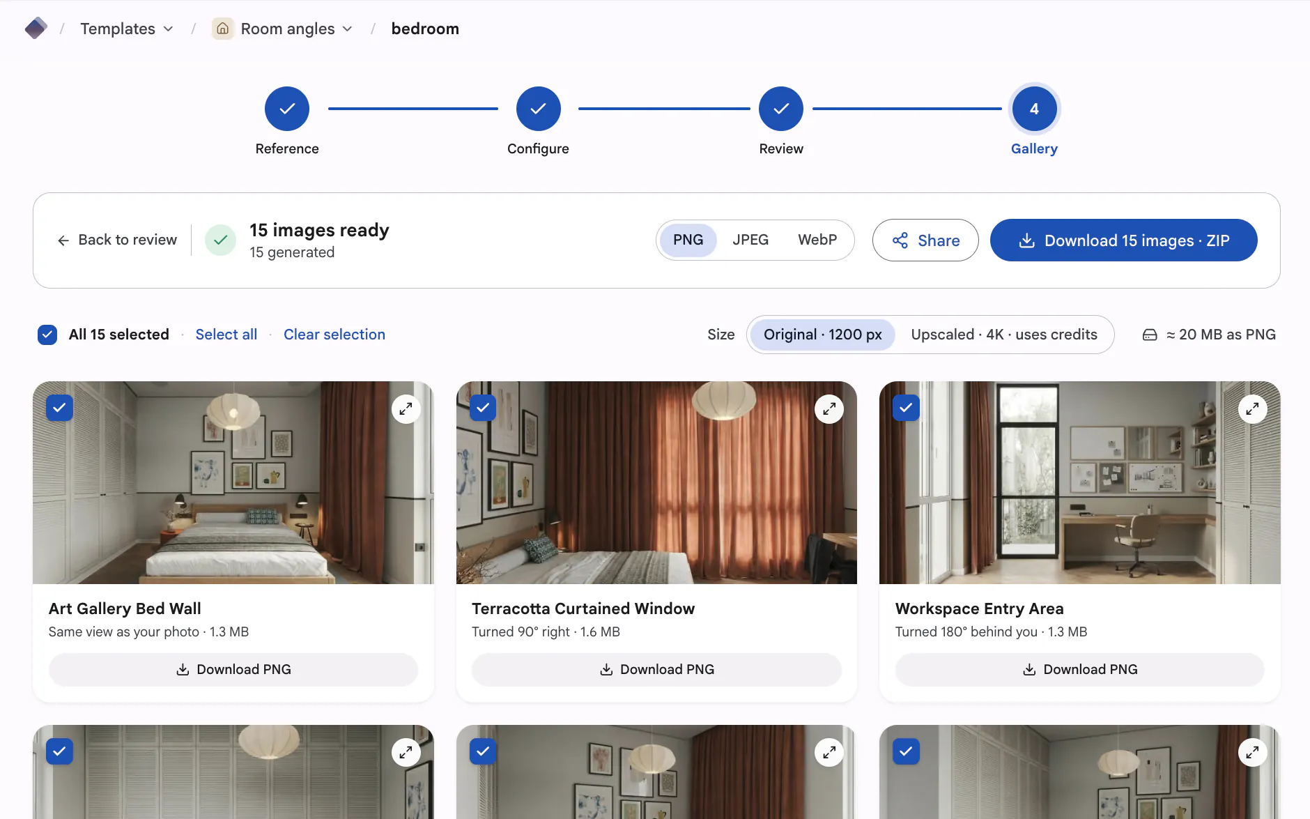 Gallery step — fifteen bedroom images, ready to download