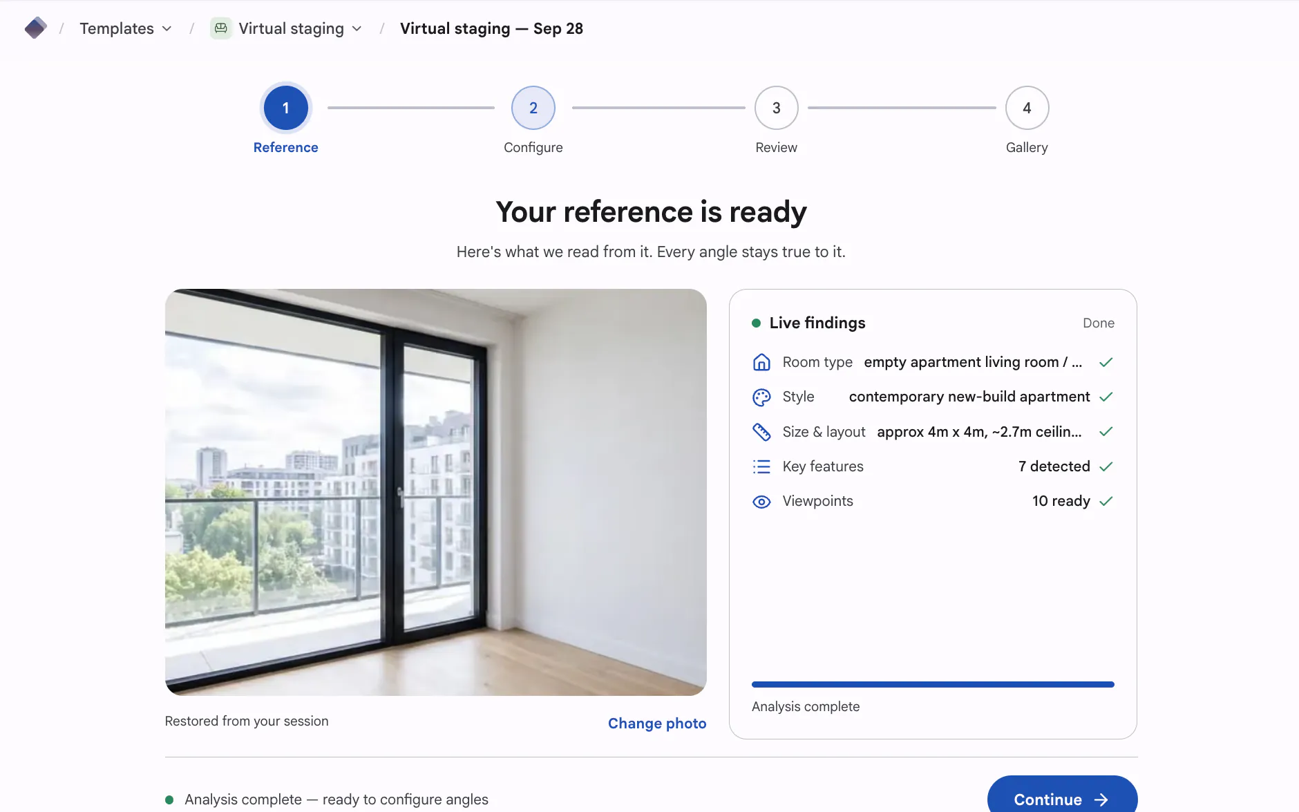 Reference step — an empty living room read by the app