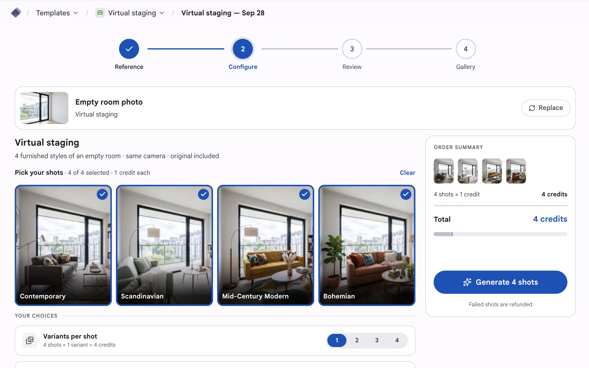 Configure step — Contemporary, Scandinavian, Mid-Century Modern and Bohemian styles picked