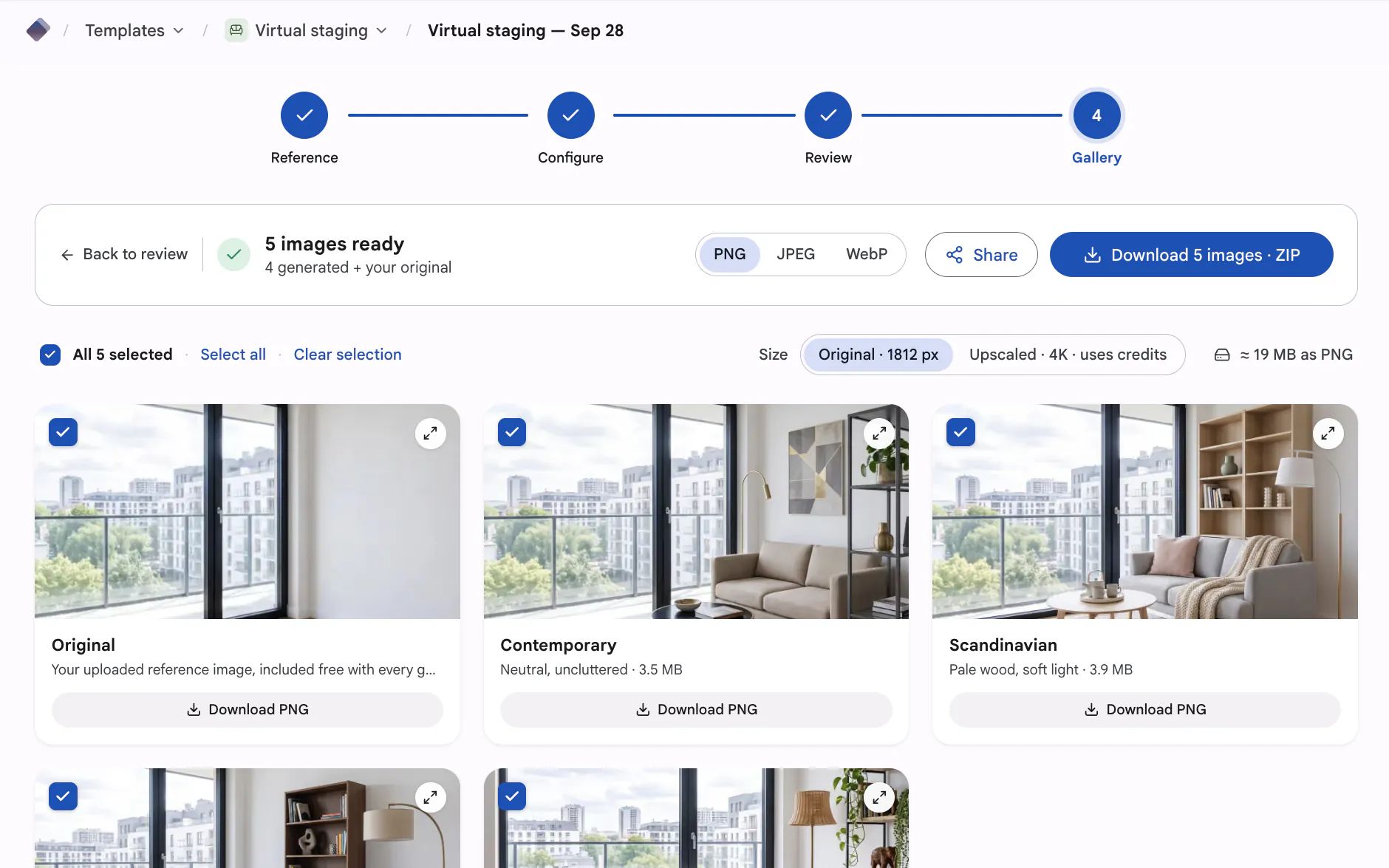 Gallery step — the original and four staged rooms, ready to download