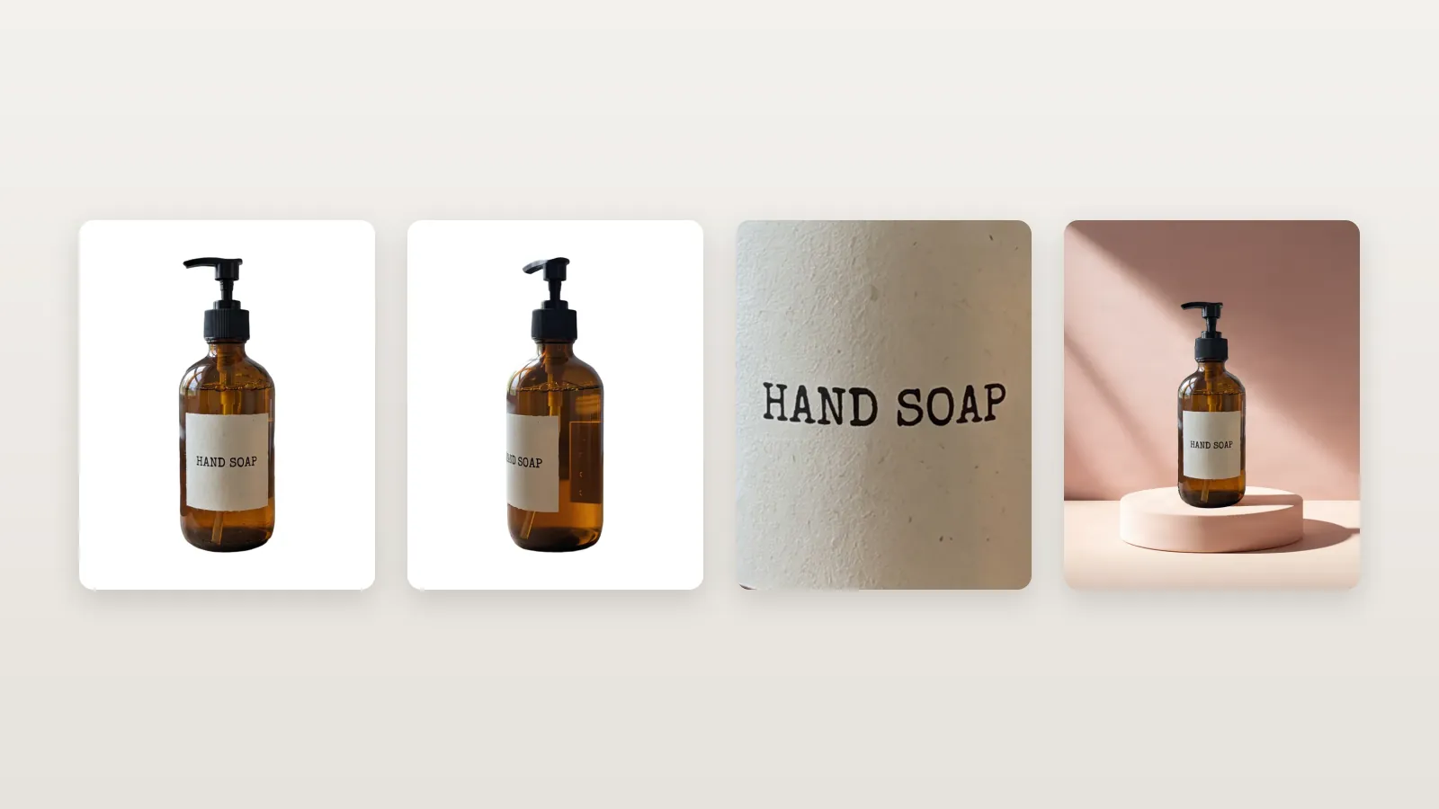 The same bottle as a main image on white, an angle on white, a label close-up and a styled scene