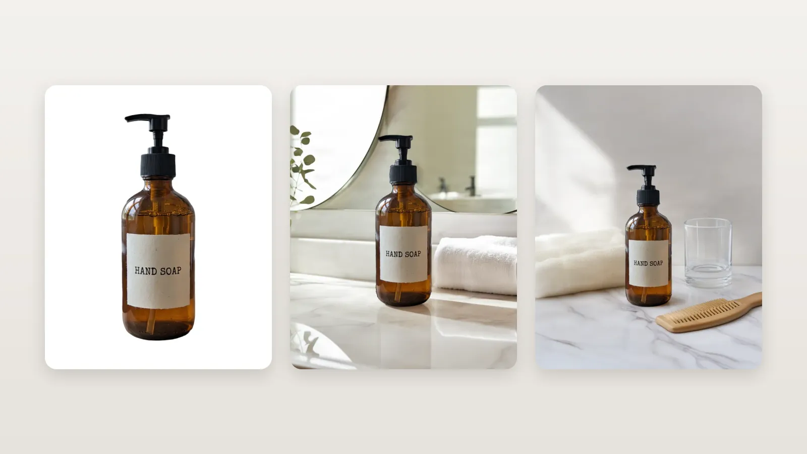The finished main image on white beside two bathroom lifestyle scenes of the bottle
