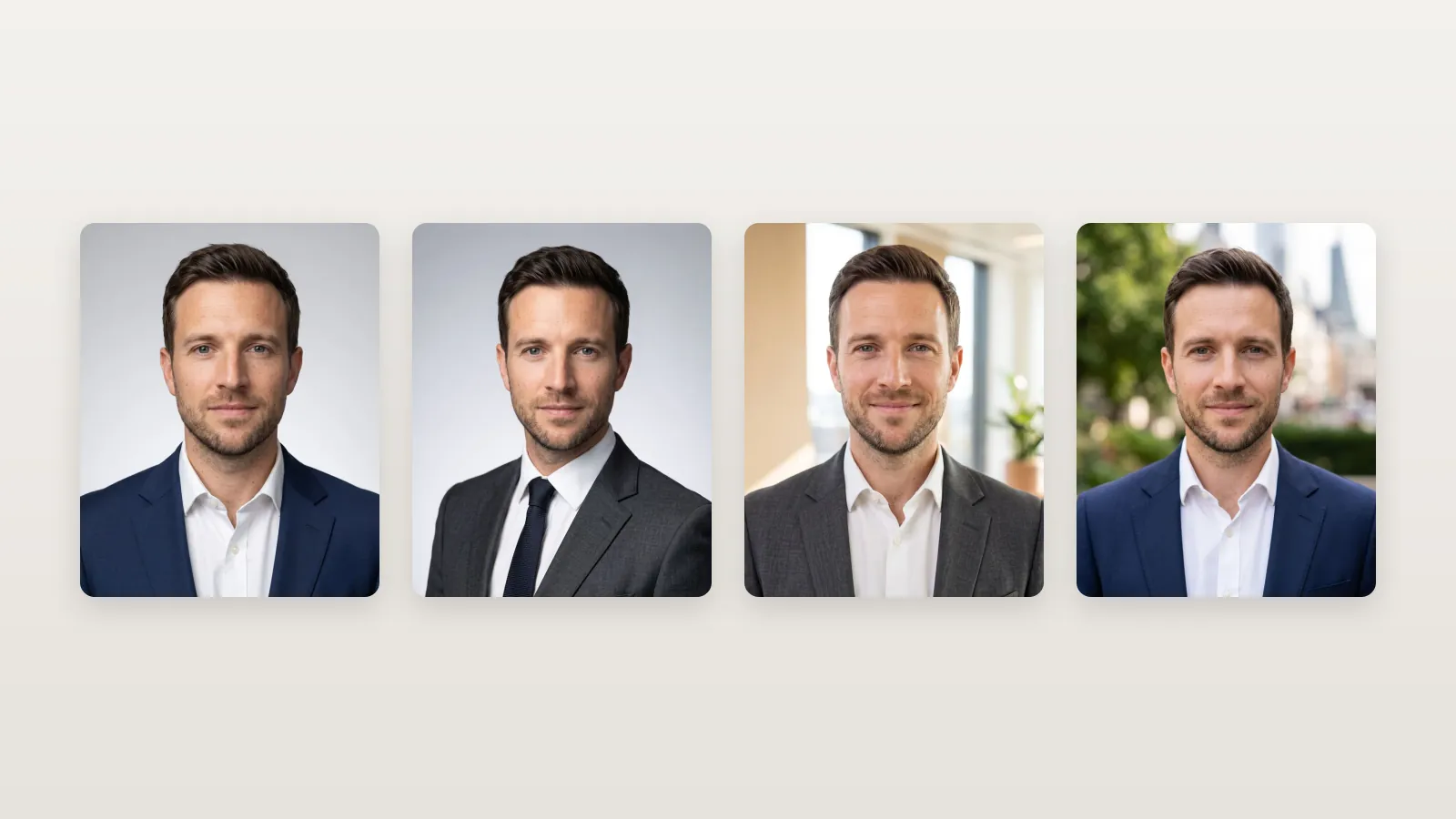 The same man in studio, office and outdoor headshots
