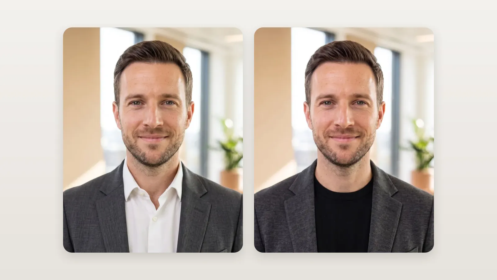 Office headshots of the man in business formal and in business casual